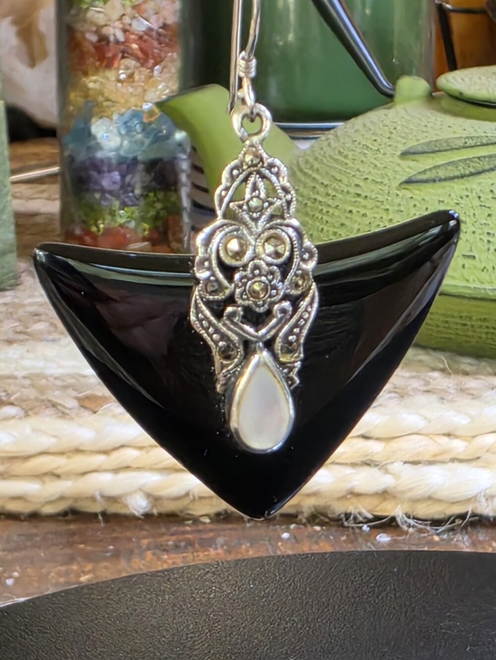 Solid 0.925 Silver Black Onyx, Marcasite, Mother Of Pearl Pierced Earrings